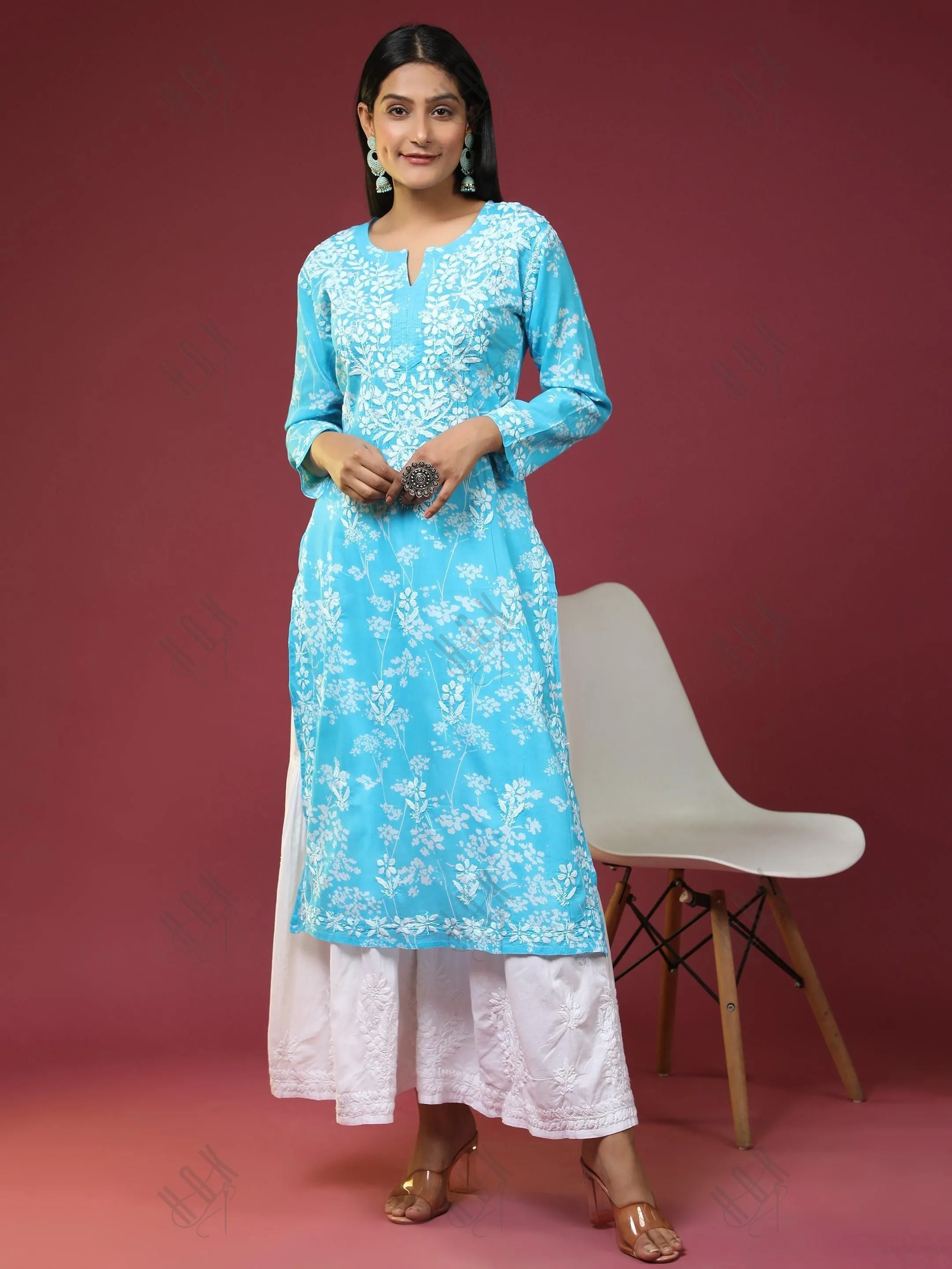 Samma Mul Printed  Hand Embroidery Chikankari Kurta- Light Blue