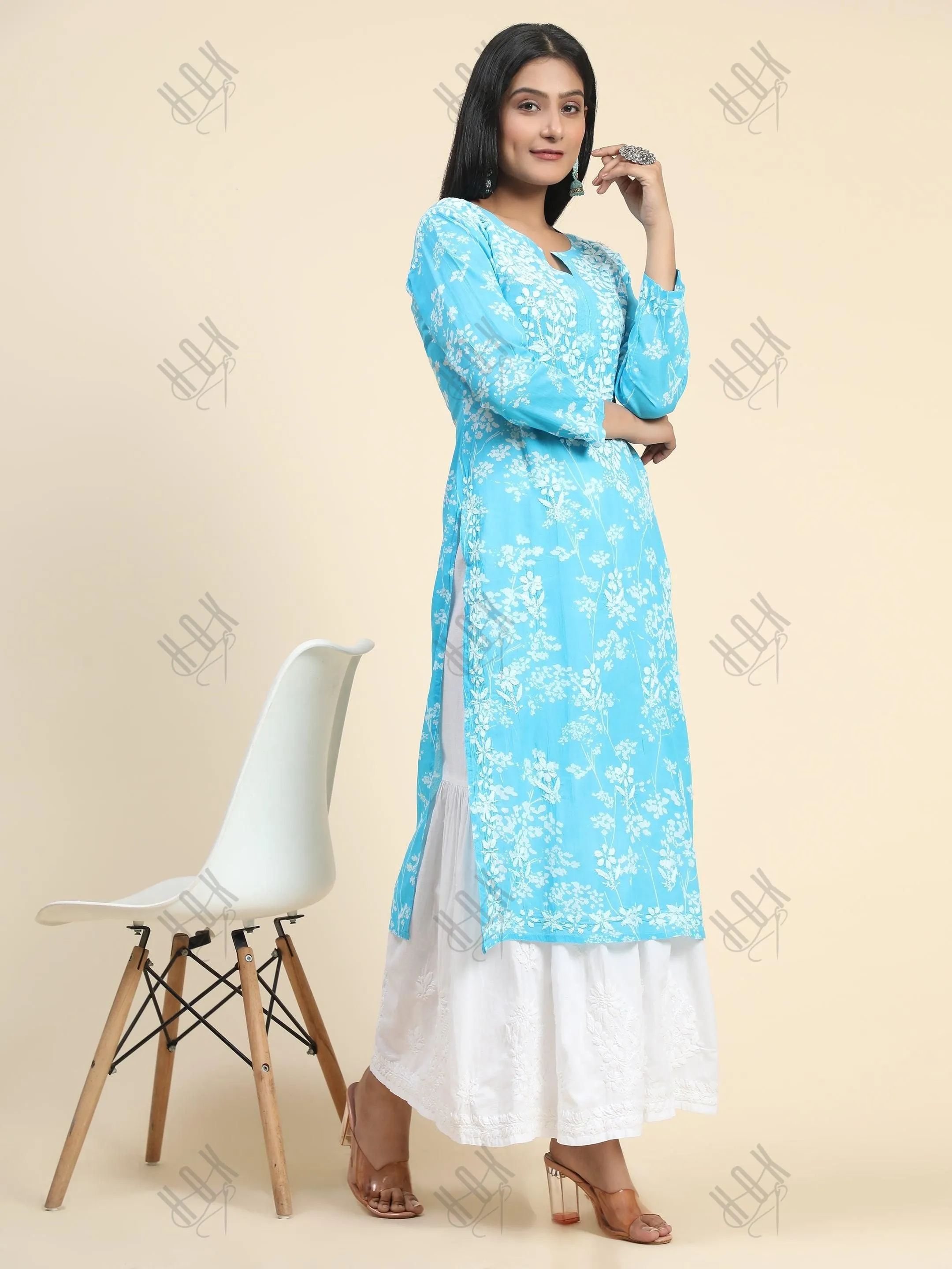 Samma Mul Printed  Hand Embroidery Chikankari Kurta- Light Blue