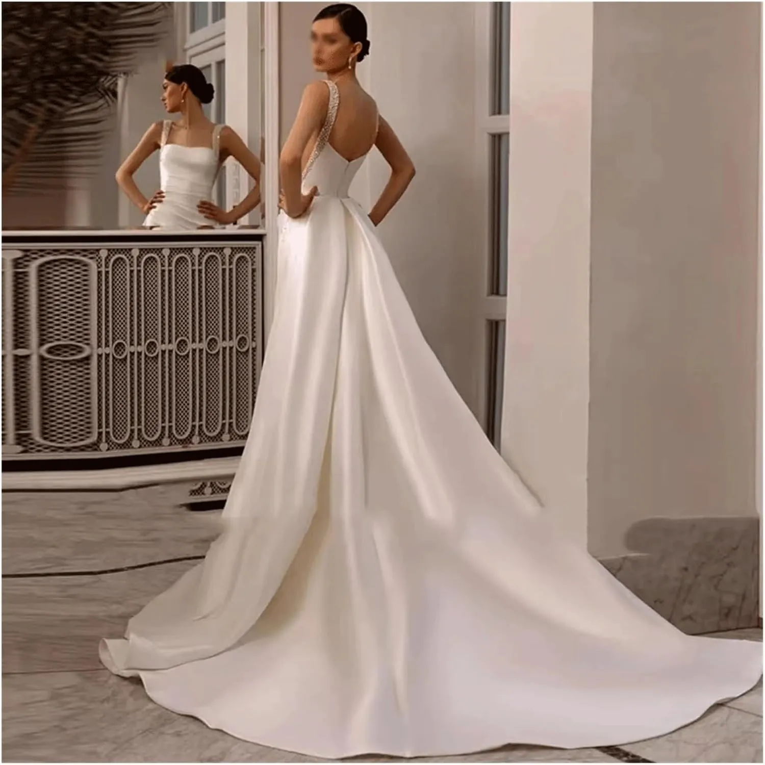 Satin Mermaid Wedding Dresses with Detachable Train Beads Sequins Strap Women Bridal Gowns Backless Bride Dress