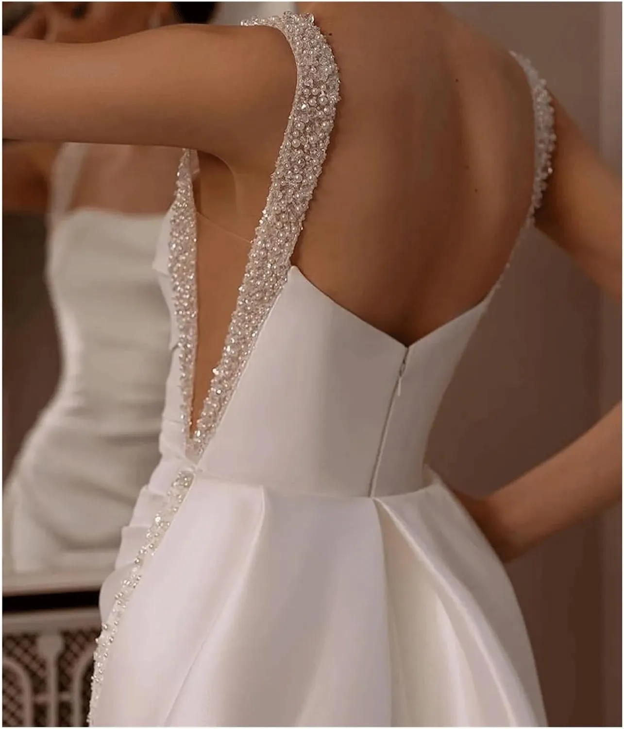 Satin Mermaid Wedding Dresses with Detachable Train Beads Sequins Strap Women Bridal Gowns Backless Bride Dress