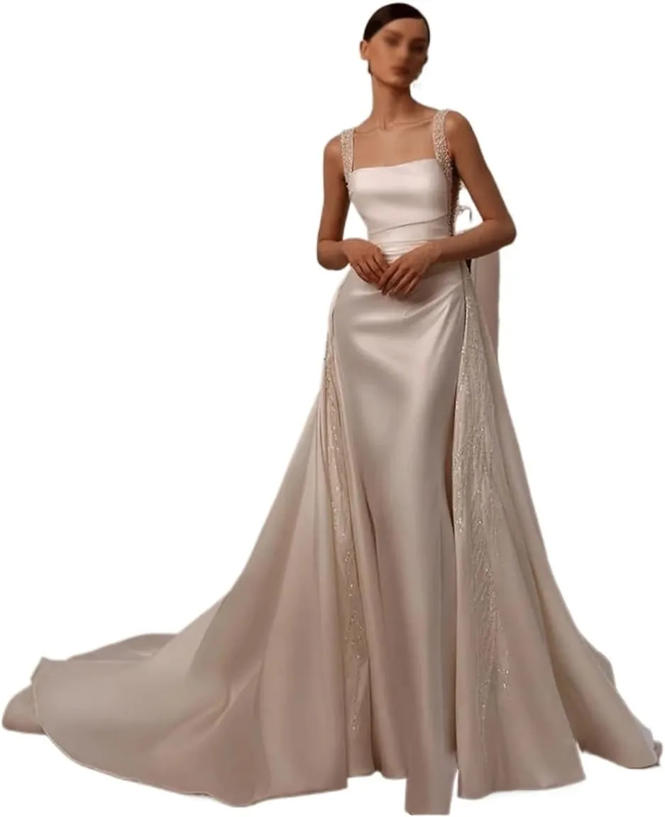 Satin Mermaid Wedding Dresses with Detachable Train Beads Sequins Strap Women Bridal Gowns Backless Bride Dress