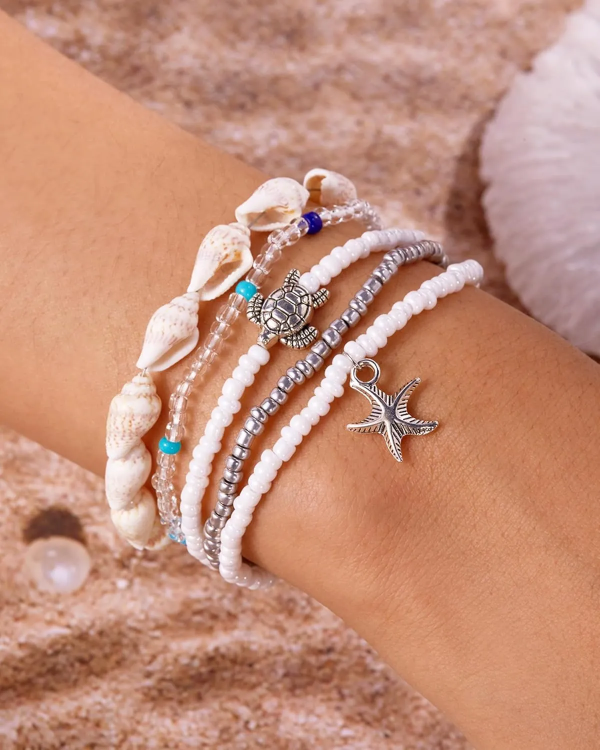Seashell Bracelets for Women Layered Shell Starfish Sea Turtle Charm Bracelets Boho Beaded Chainlets Summer Beach Surfer Arm Jewelry Accessories for Her