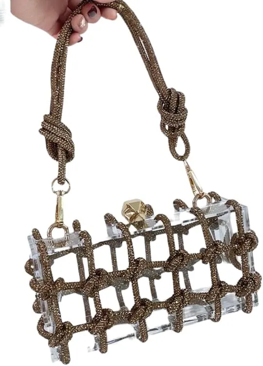 sexytag Clear Acrylic Clutch Rhinestone Crystal-Embellished Knot Bag Evening Shoulder Bag Crystal Party Wedding Bride Bag