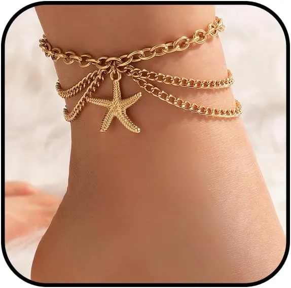 Shell Anklet for Women Gold Starfish Ankle Bracelets Waterproof Chain Anklets Adjustable Shell Layered Ankle Bracelets Summer Beach Anklets Foot Chain Jewelry