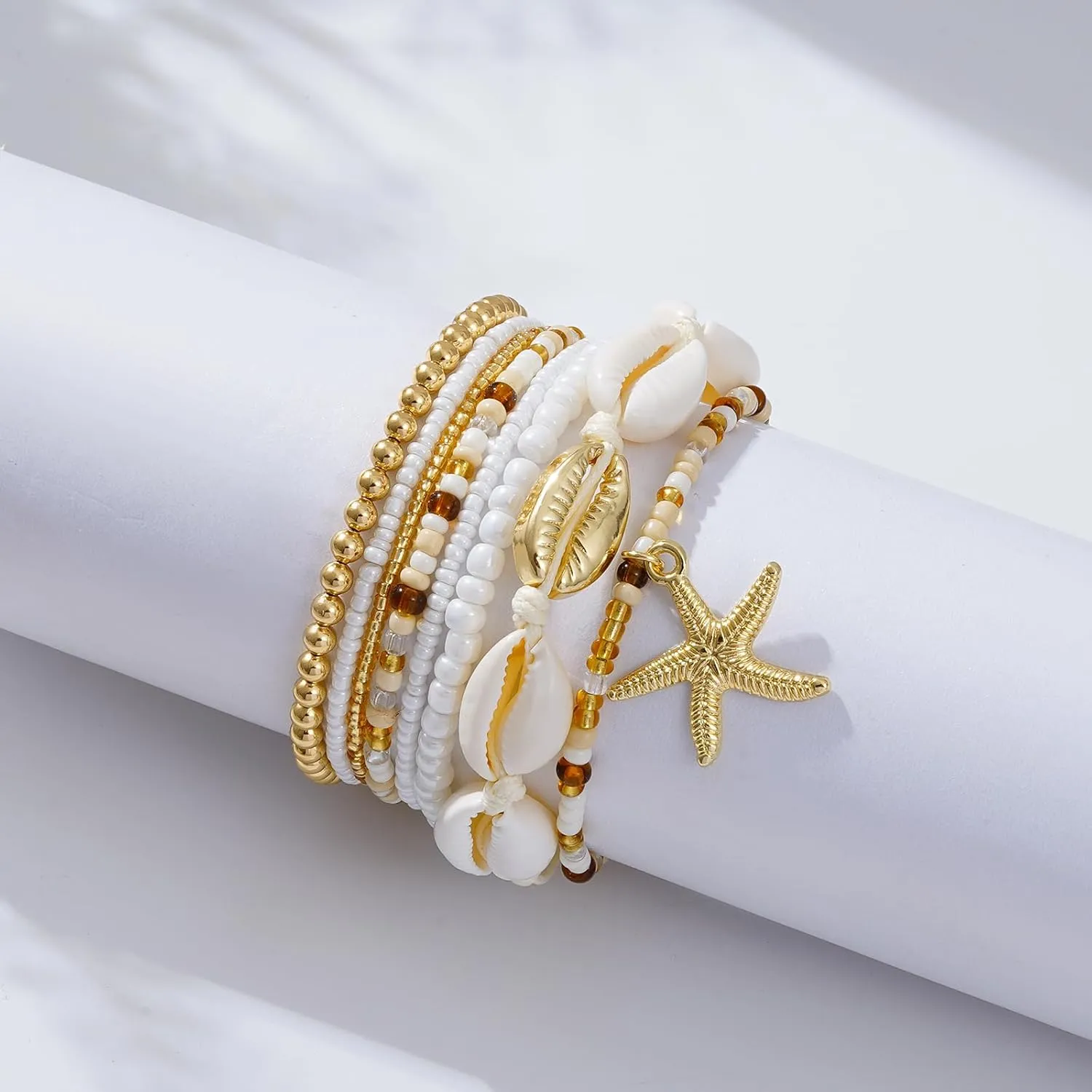 Shell Bracelet Boho Beaded Stretch Bracelets for Women Seashell Summer Beach Bracelets Starfish Charm Bracelet Stackable Gold Pearl Beads Bracelets for Women Jewelry Accessories Gifts