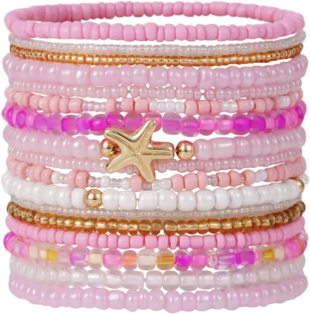 Shell Bracelet Boho Beaded Stretch Bracelets for Women Seashell Summer Beach Bracelets Starfish Charm Bracelet Stackable Gold Pearl Beads Bracelets for Women Jewelry Accessories Gifts