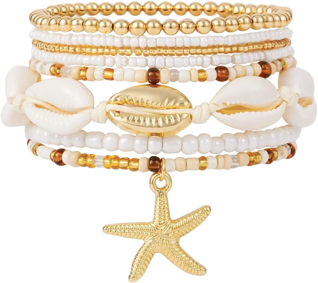 Shell Bracelet Boho Beaded Stretch Bracelets for Women Seashell Summer Beach Bracelets Starfish Charm Bracelet Stackable Gold Pearl Beads Bracelets for Women Jewelry Accessories Gifts