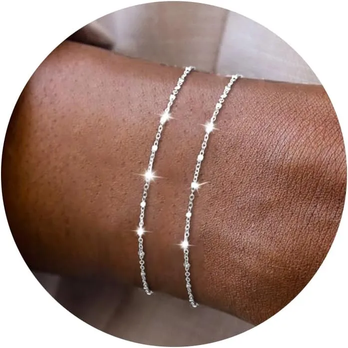 Silver Bracelets for Women, Dainty Silver/Gold Plated Bracelets Trendy Silver Jewelry Cute Layered Bracelets for Women Fashion Stackable Jewelry Christmas Gifts