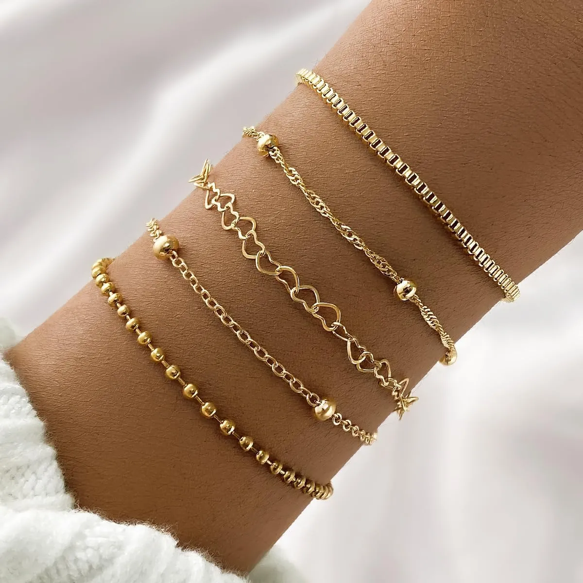 Silver Stackable Bracelets Set for Women,Dainty Gold Heart Chain Bracelet Pack Trendy Stack Link Bracelets,Boho Jewelry Accessories Gift for Lover