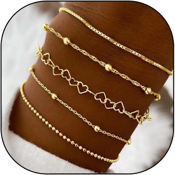 Silver Stackable Bracelets Set for Women,Dainty Gold Heart Chain Bracelet Pack Trendy Stack Link Bracelets,Boho Jewelry Accessories Gift for Lover