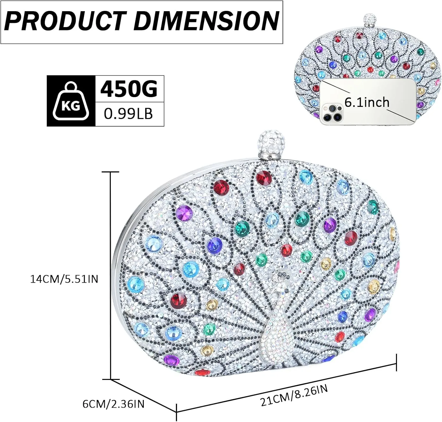 Simcat Clutch Purses for Women, Rhinestone Glitter Peacock Evening Handbag Formal Clutch Bag for Wedding Party Prom