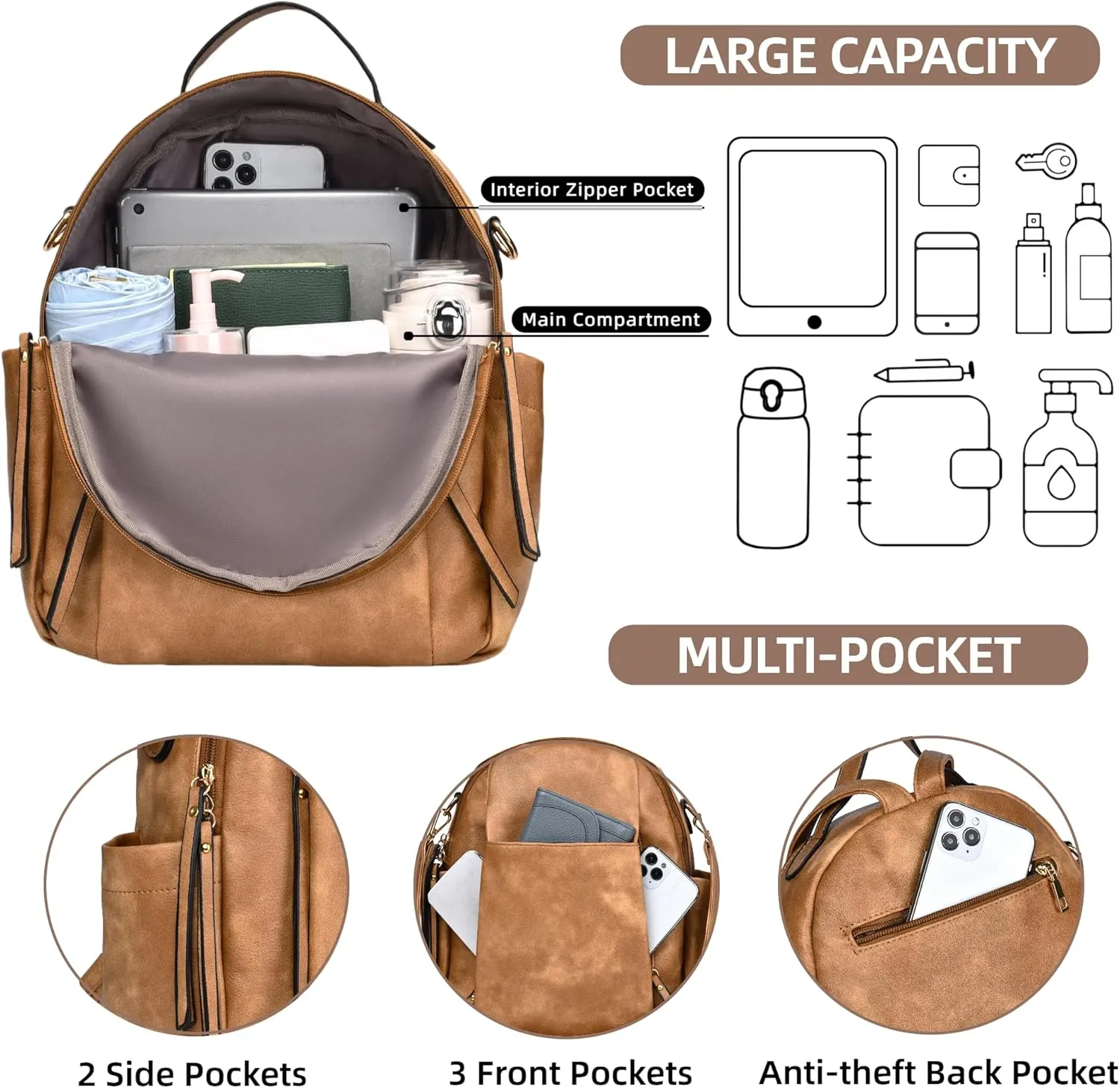 Small Backpack for Women Designer Leather Mini Backpack Purse Ladies Fashion Roomy Shoulder Handbag (Apricot)