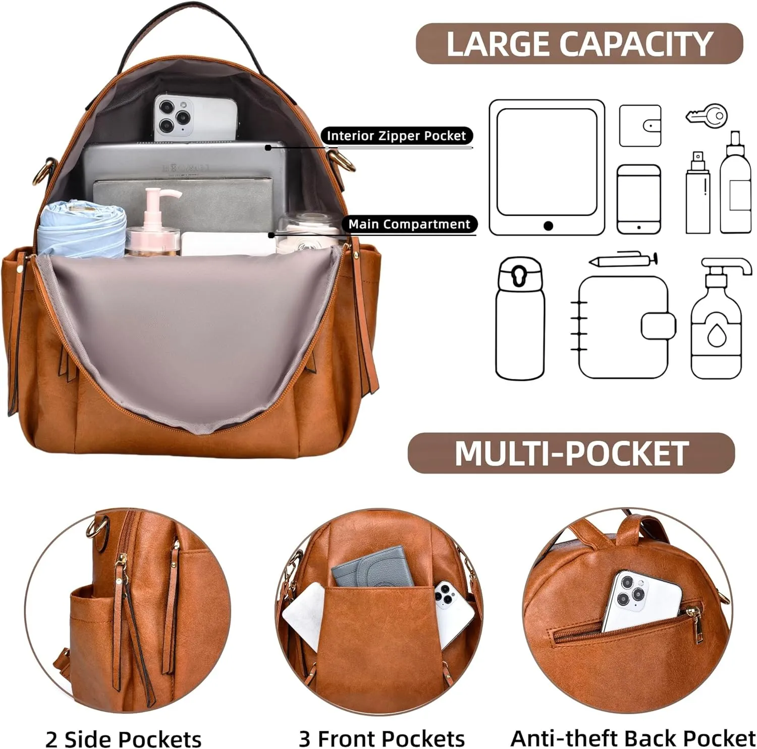 Small Backpack for Women Designer Leather Mini Backpack Purse Ladies Fashion Roomy Shoulder Handbag (Brown)