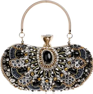 Small Beaded Clutch Purse Elegant Black Evening Bags Wedding Party Clutch Handbag Metal Chain Shoulder Bags