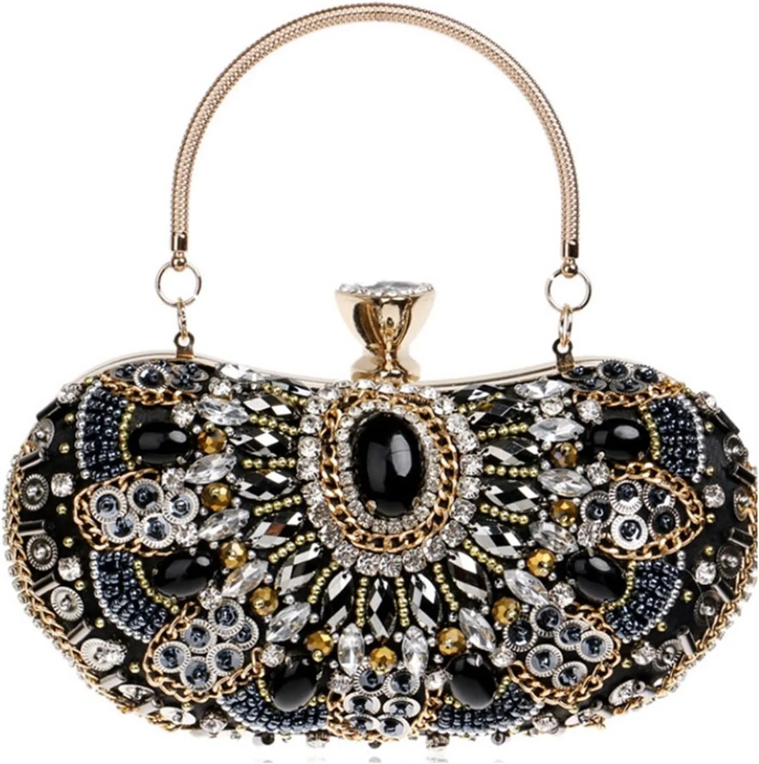Small Beaded Clutch Purse Elegant Black Evening Bags Wedding Party Clutch Handbag Metal Chain Shoulder Bags