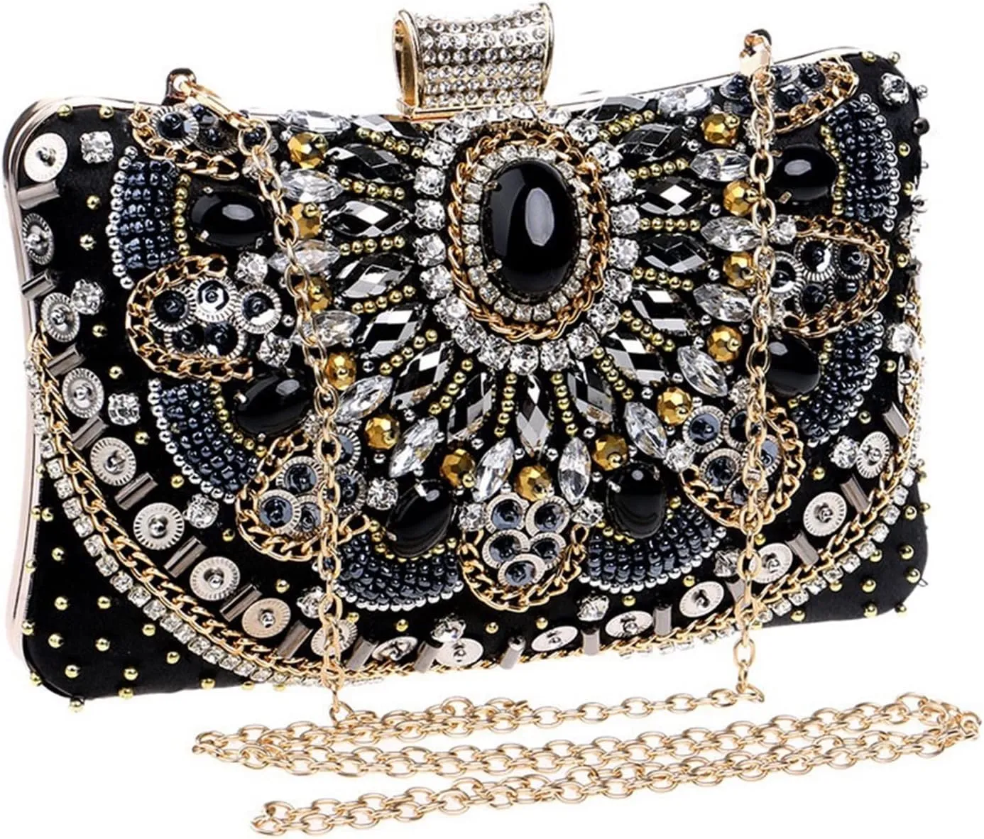 Small Beaded Clutch Purse Elegant Black Evening Bags Wedding Party Clutch Handbag Metal Chain Shoulder Bags