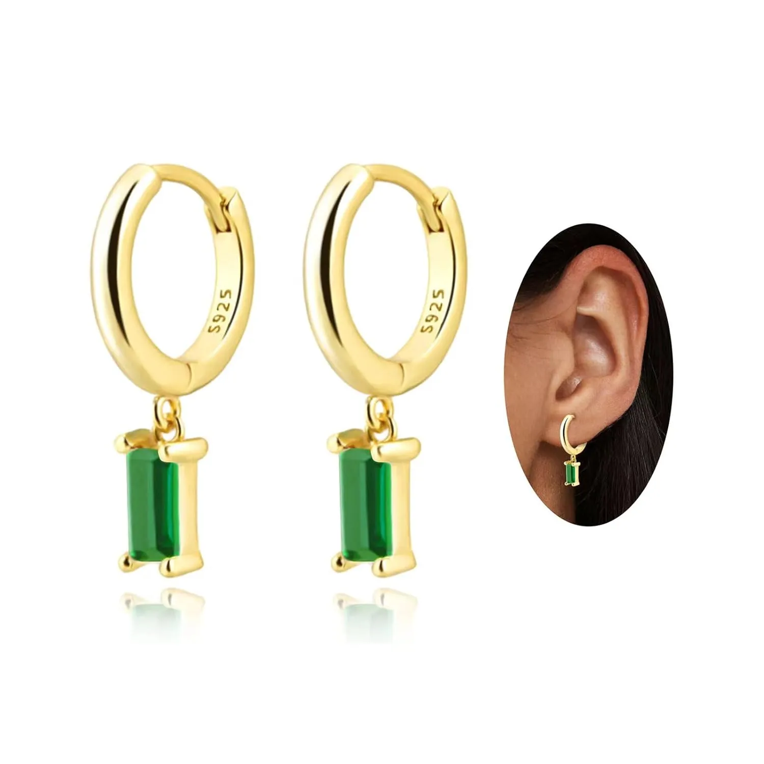 Small Gold Huggie Hoop Earrings For Women, 14K Gold and Green Crystal Earrings Hypoallergenic Jewerly For Girls