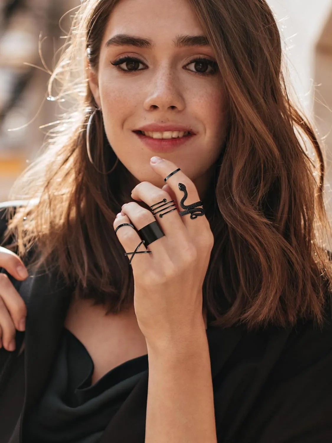 Snake Ring for Women Gothic Black Snake Rings Punk Open Adjustable Silver Snake Knuckle Rings Stackable Reptile Serpent Band Rings for Halloween Costumes Accessories