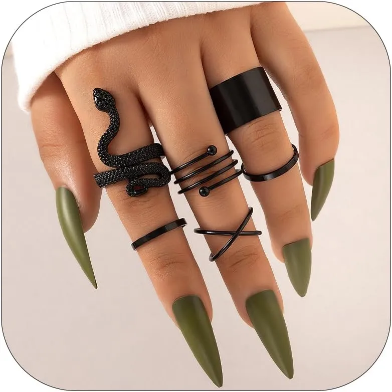 Snake Ring for Women Gothic Black Snake Rings Punk Open Adjustable Silver Snake Knuckle Rings Stackable Reptile Serpent Band Rings for Halloween Costumes Accessories