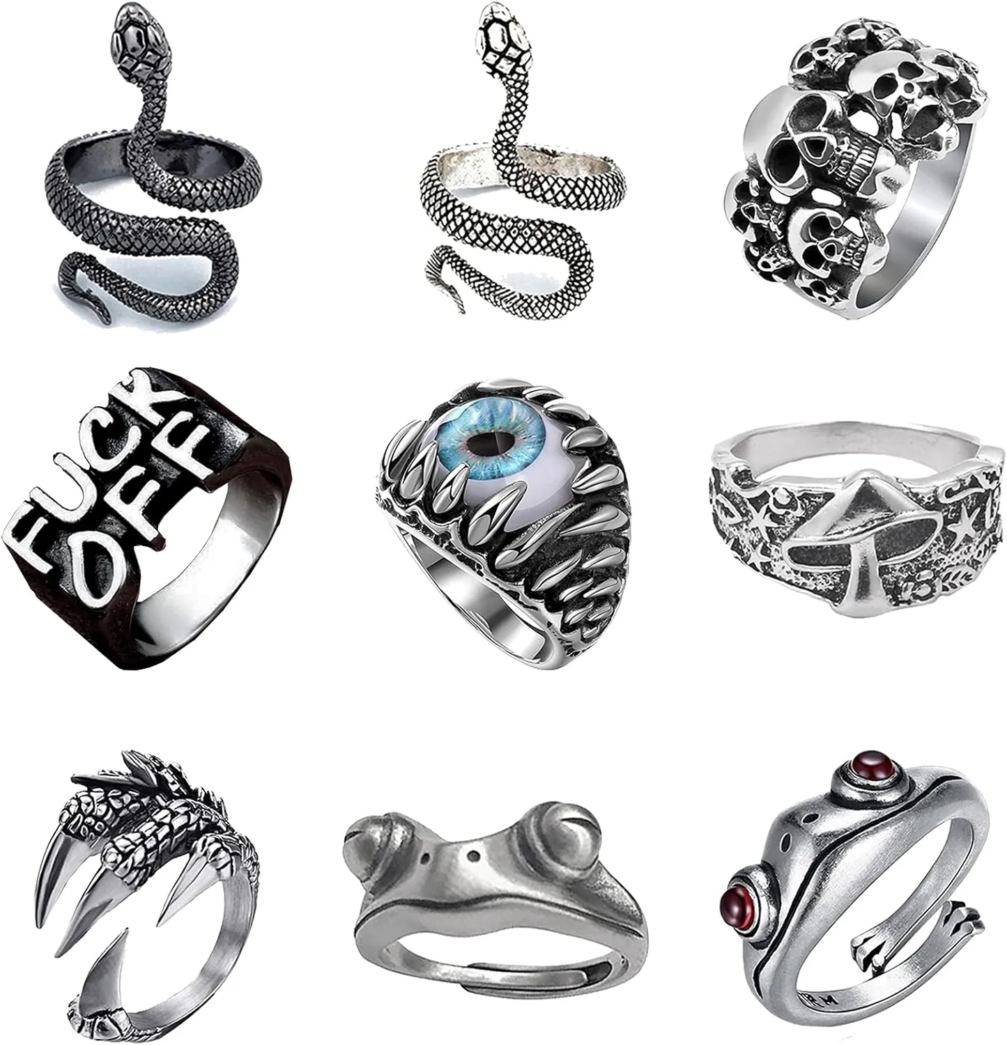Snake Ring for Women Gothic Black Snake Rings Punk Open Adjustable Silver Snake Knuckle Rings Stackable Reptile Serpent Band Rings for Halloween Costumes Accessories