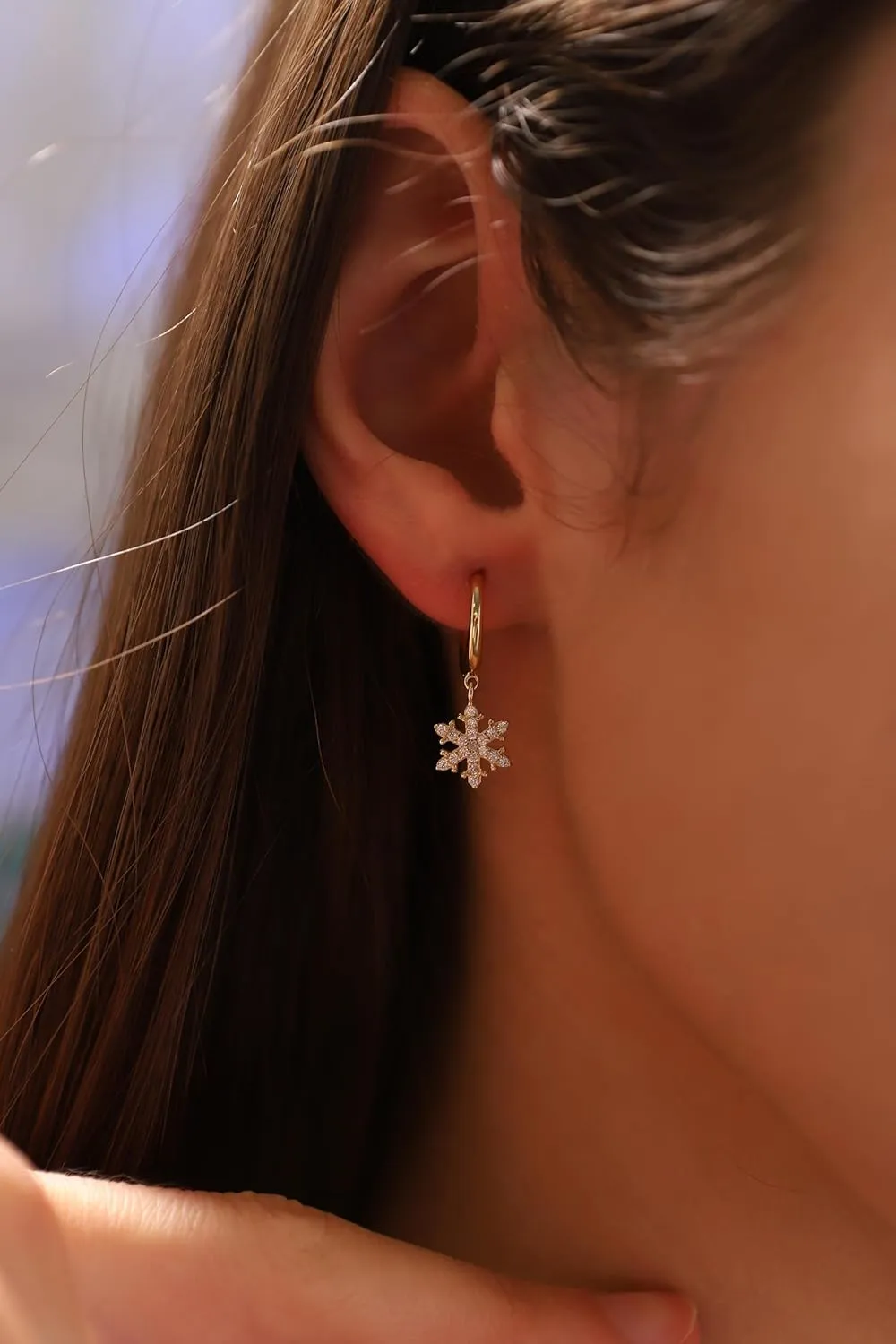 Snowflake Earrings, 14K Solid Gold Snowflake Earrings, Celestial Earrings, Dainty Custom Snowflake Earrings, Minimalist 14K Gold Celestial Earrings