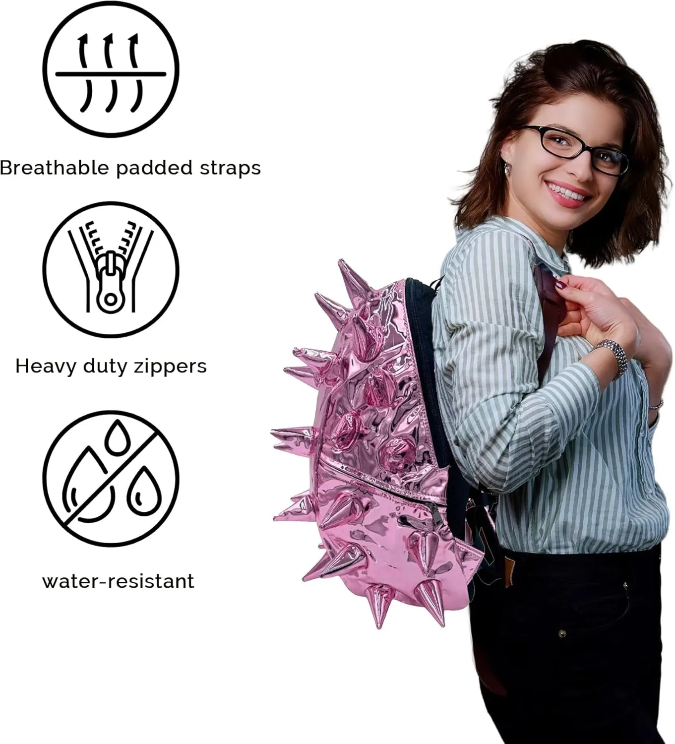 Spike Mirror Mirror Metallic Pink Premium 15" Laptop Backpack for Men & Women, Durable Lightweight Stylish Carry On Unisex Fun Casual Travel Commuter Bag