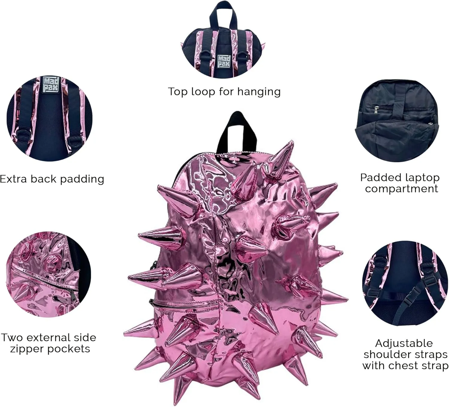 Spike Mirror Mirror Metallic Pink Premium 15" Laptop Backpack for Men & Women, Durable Lightweight Stylish Carry On Unisex Fun Casual Travel Commuter Bag