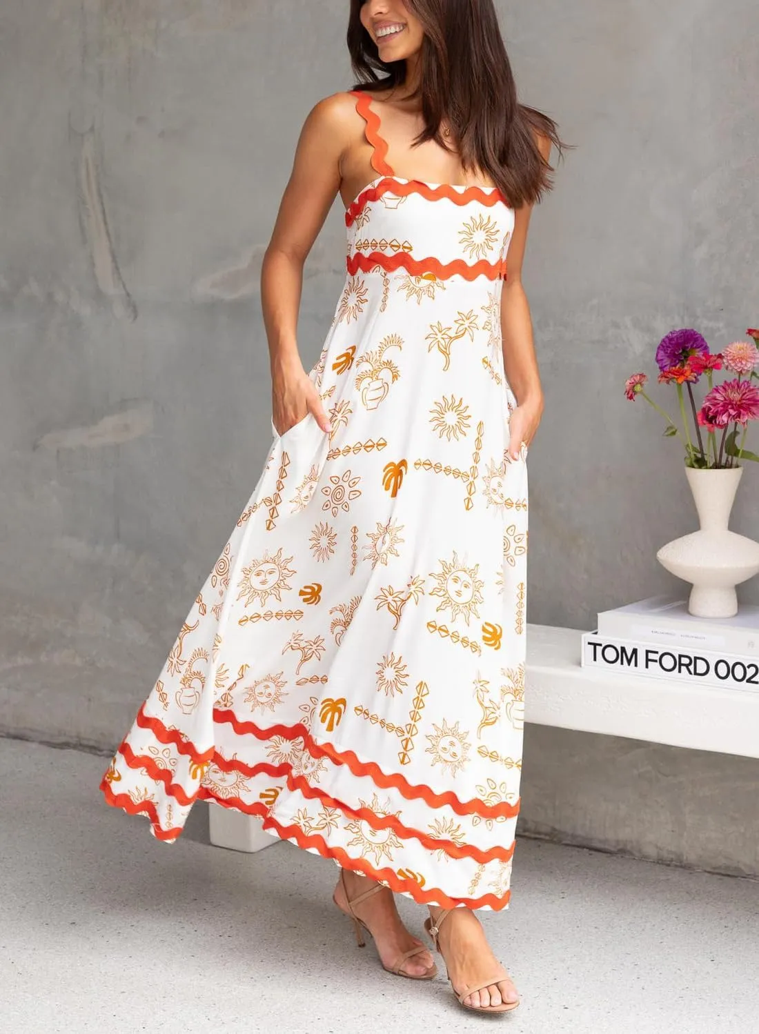 Spring Boho Spaghetti Strap Dress for Women 2024 Summer Vacation Beach Long Dress Ric Rac Flowy Swing Maxi Sundress