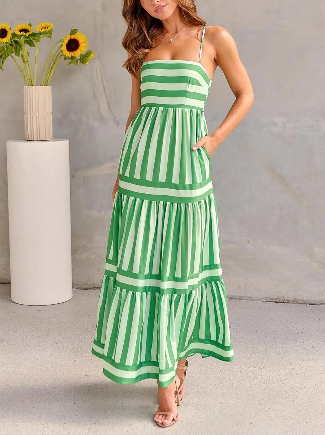 Spring Boho Spaghetti Strap Dress for Women 2024 Summer Vacation Beach Long Dress Ric Rac Flowy Swing Maxi Sundress