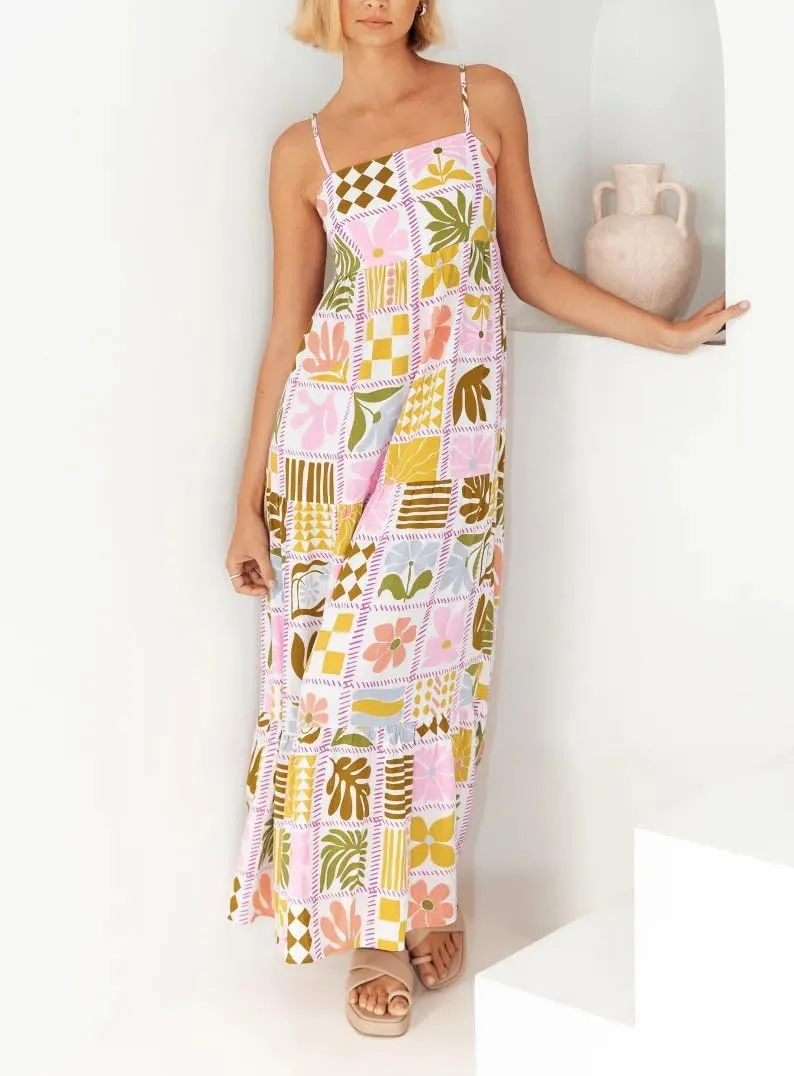 Spring Boho Spaghetti Strap Dress for Women 2024 Summer Vacation Beach Long Dress Ric Rac Flowy Swing Maxi Sundress