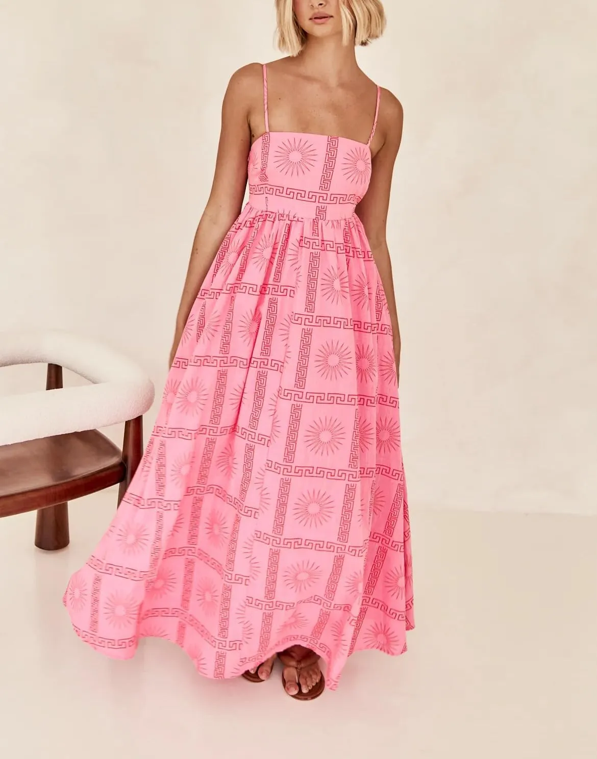 Spring Boho Spaghetti Strap Dress for Women 2024 Summer Vacation Beach Long Dress Ric Rac Flowy Swing Maxi Sundress