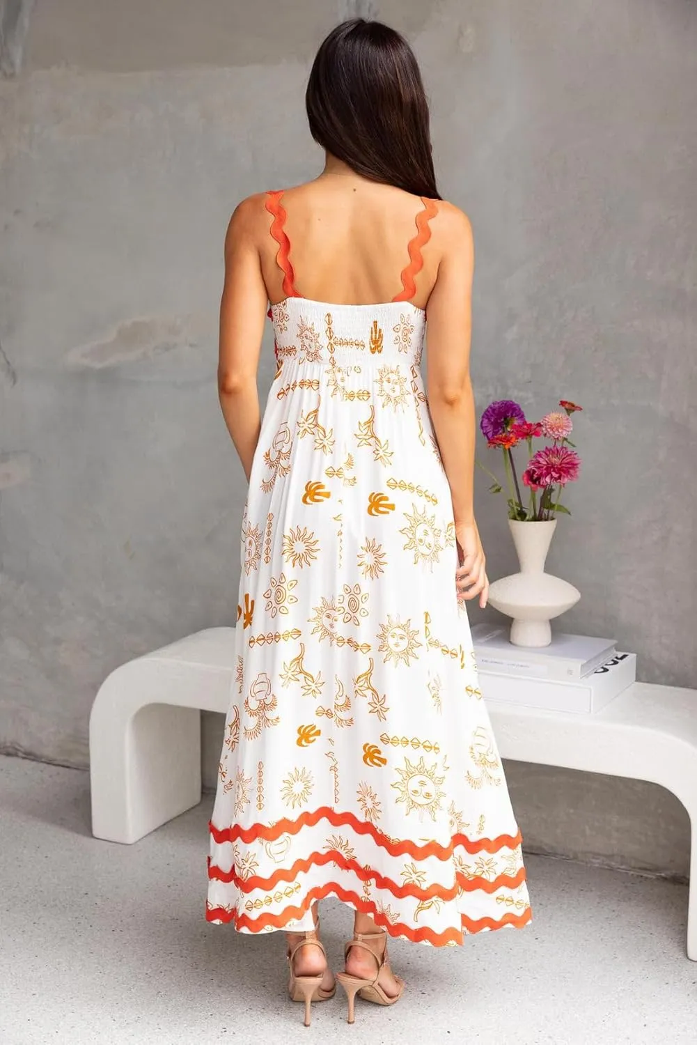 Spring Boho Spaghetti Strap Dress for Women 2024 Summer Vacation Beach Long Dress Ric Rac Flowy Swing Maxi Sundress