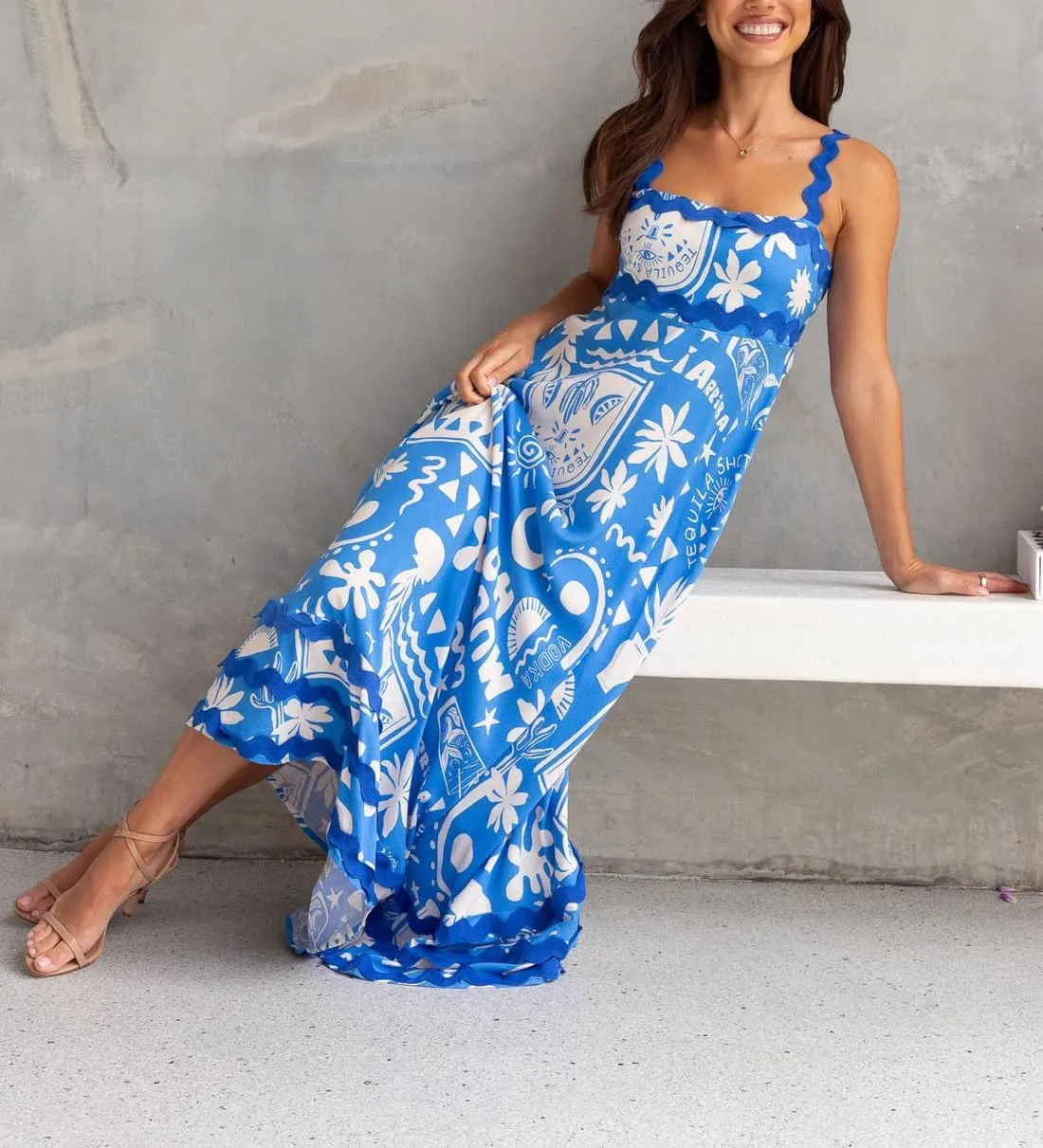 Spring Boho Spaghetti Strap Dress for Women 2024 Summer Vacation Beach Long Dress Ric Rac Flowy Swing Maxi Sundress