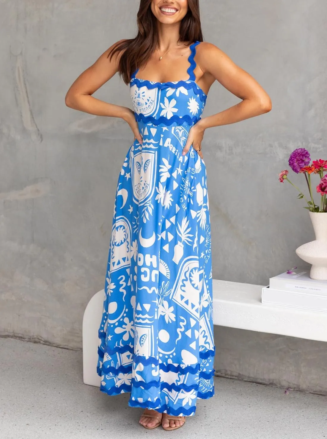 Spring Boho Spaghetti Strap Dress for Women 2024 Summer Vacation Beach Long Dress Ric Rac Flowy Swing Maxi Sundress