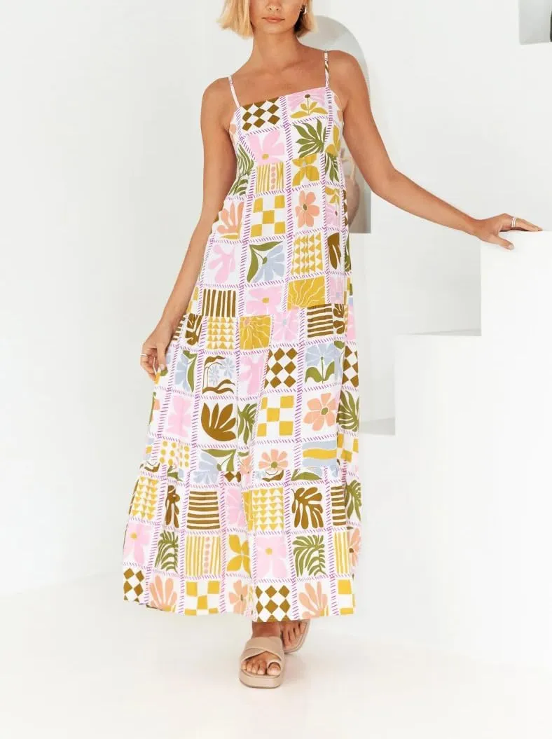 Spring Boho Spaghetti Strap Dress for Women 2024 Summer Vacation Beach Long Dress Ric Rac Flowy Swing Maxi Sundress