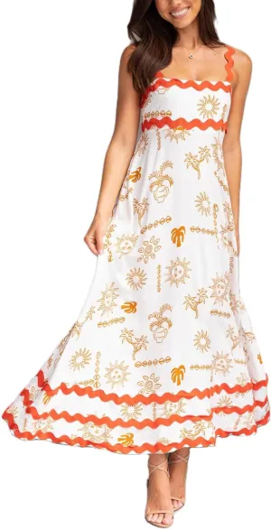 Spring Boho Spaghetti Strap Dress for Women 2024 Summer Vacation Beach Long Dress Ric Rac Flowy Swing Maxi Sundress