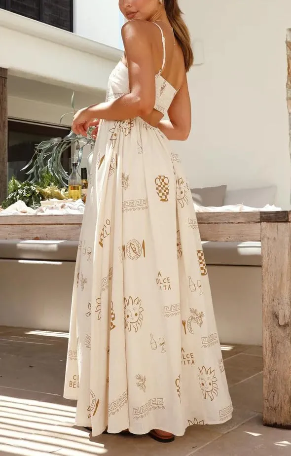 Spring Boho Spaghetti Strap Dress for Women 2024 Summer Vacation Beach Long Dress Ric Rac Flowy Swing Maxi Sundress