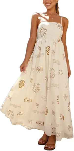 Spring Boho Spaghetti Strap Dress for Women 2024 Summer Vacation Beach Long Dress Ric Rac Flowy Swing Maxi Sundress