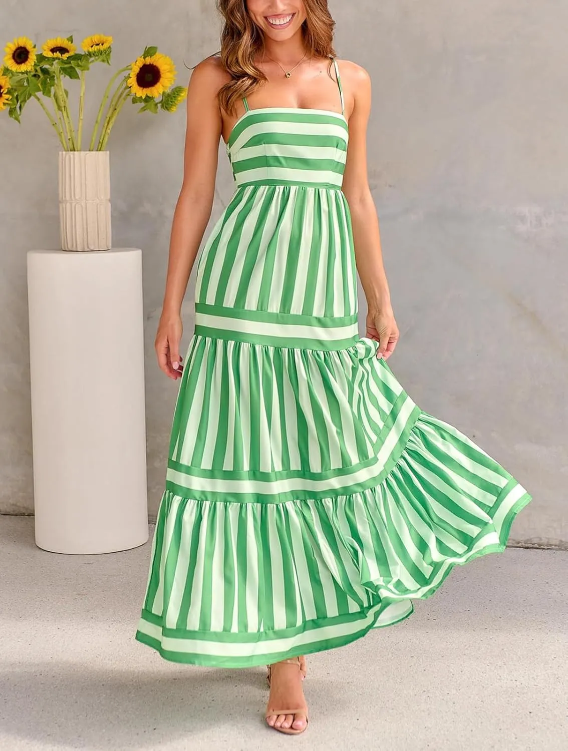 Spring Boho Spaghetti Strap Dress for Women 2024 Summer Vacation Beach Long Dress Ric Rac Flowy Swing Maxi Sundress