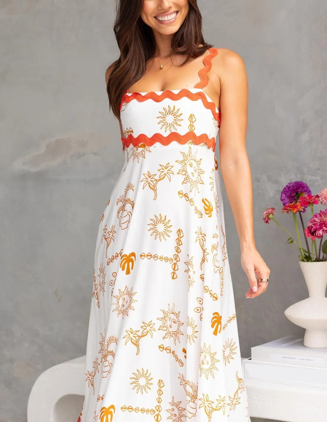 Spring Boho Spaghetti Strap Dress for Women 2024 Summer Vacation Beach Long Dress Ric Rac Flowy Swing Maxi Sundress