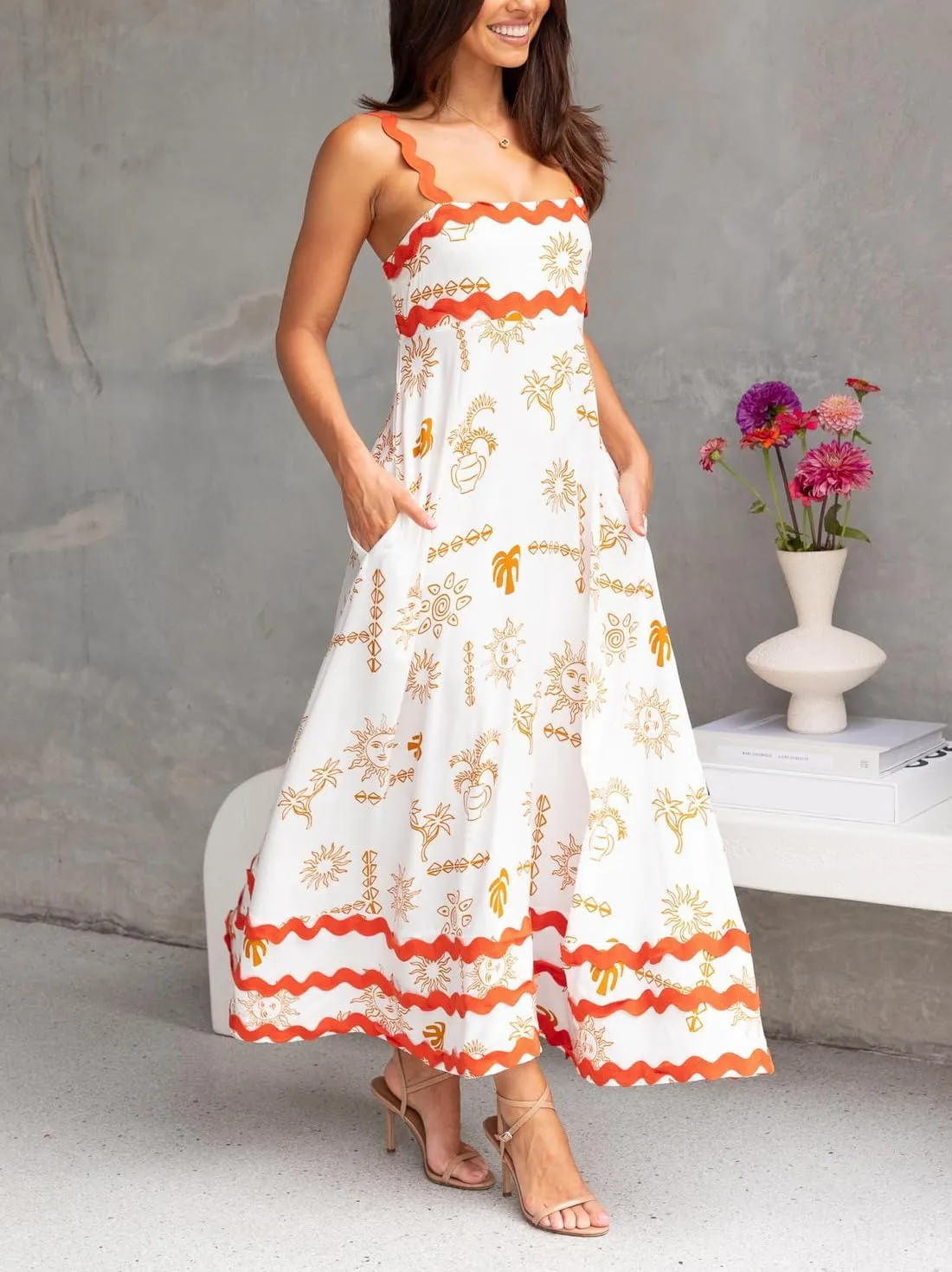 Spring Boho Spaghetti Strap Dress for Women 2024 Summer Vacation Beach Long Dress Ric Rac Flowy Swing Maxi Sundress