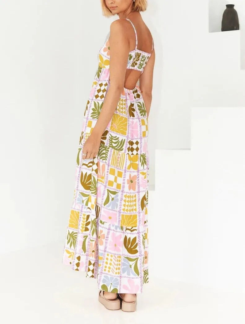Spring Boho Spaghetti Strap Dress for Women 2024 Summer Vacation Beach Long Dress Ric Rac Flowy Swing Maxi Sundress