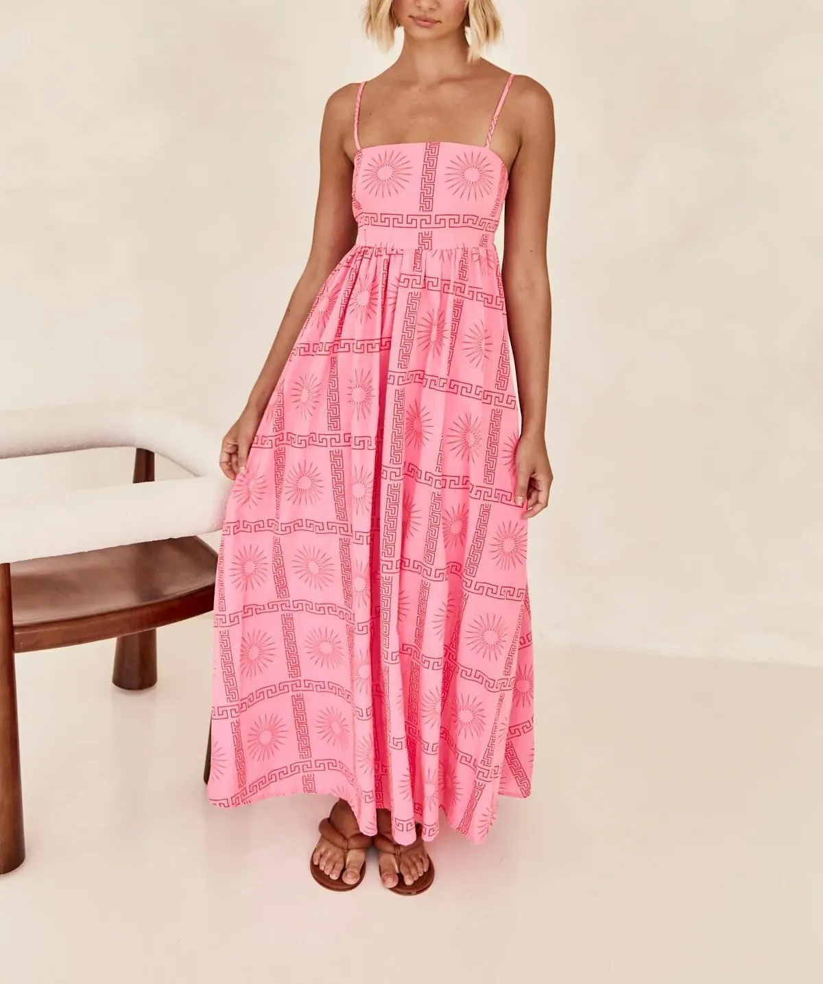 Spring Boho Spaghetti Strap Dress for Women 2024 Summer Vacation Beach Long Dress Ric Rac Flowy Swing Maxi Sundress