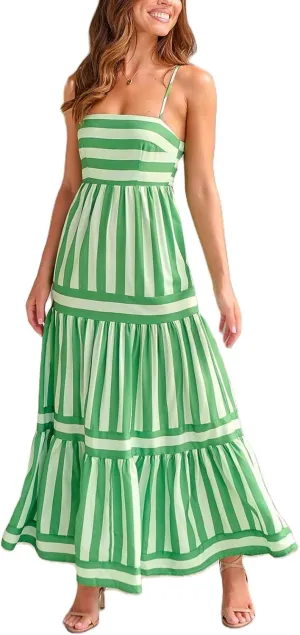 Spring Boho Spaghetti Strap Dress for Women 2024 Summer Vacation Beach Long Dress Ric Rac Flowy Swing Maxi Sundress