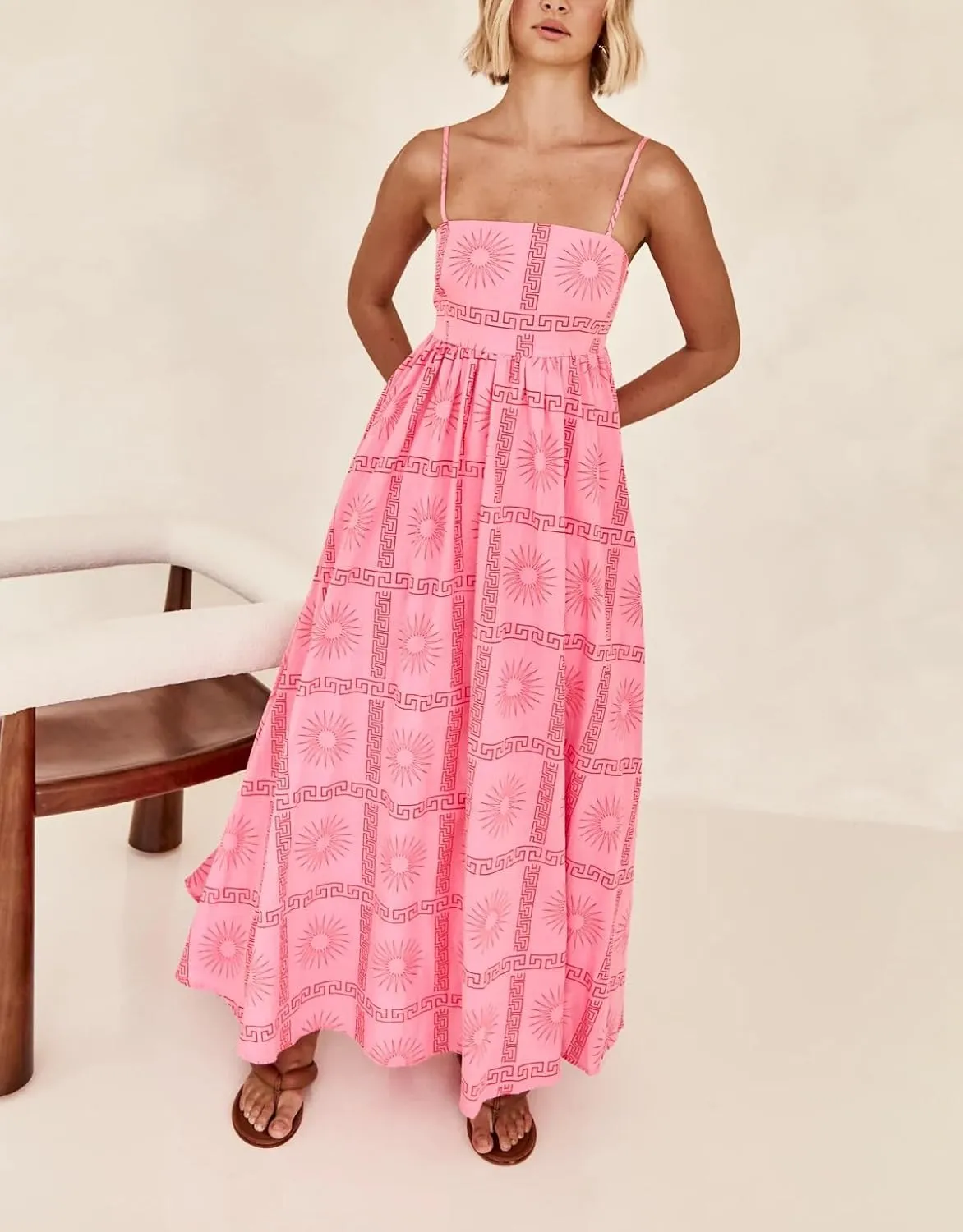 Spring Boho Spaghetti Strap Dress for Women 2024 Summer Vacation Beach Long Dress Ric Rac Flowy Swing Maxi Sundress