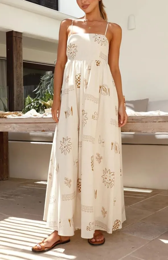 Spring Boho Spaghetti Strap Dress for Women 2024 Summer Vacation Beach Long Dress Ric Rac Flowy Swing Maxi Sundress