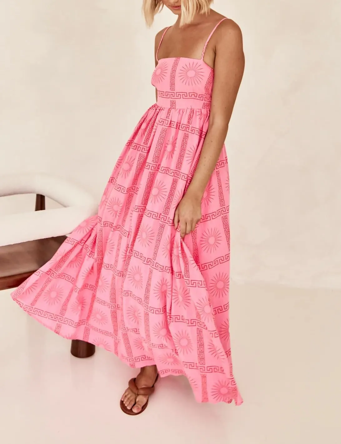 Spring Boho Spaghetti Strap Dress for Women 2024 Summer Vacation Beach Long Dress Ric Rac Flowy Swing Maxi Sundress