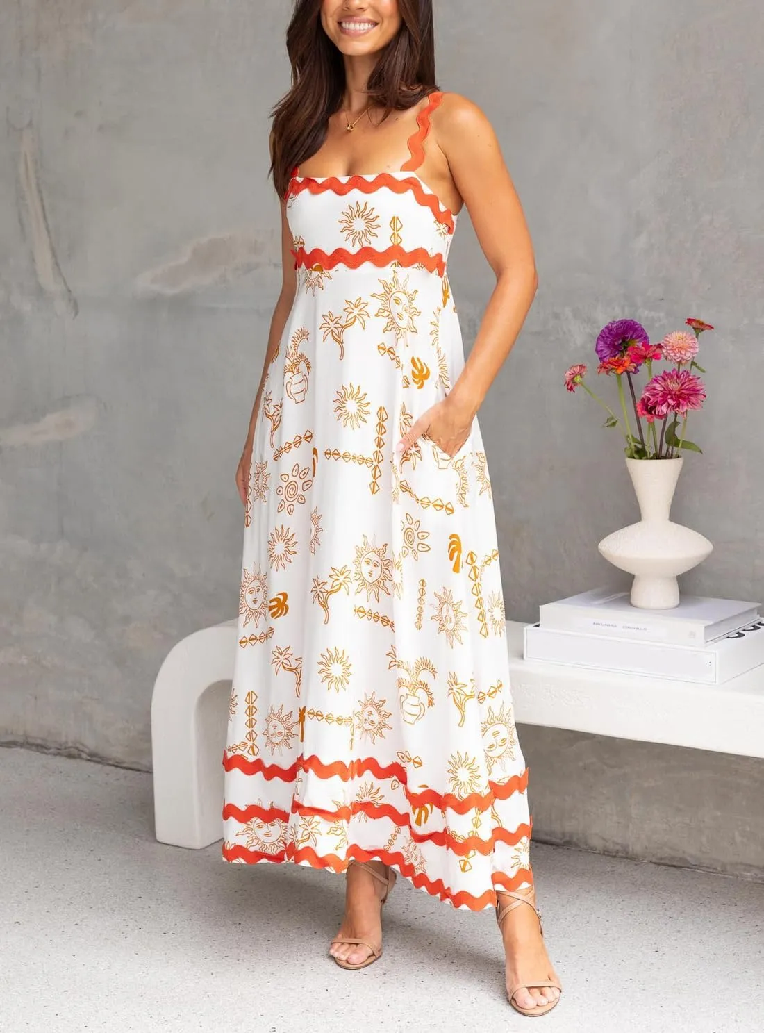 Spring Boho Spaghetti Strap Dress for Women 2024 Summer Vacation Beach Long Dress Ric Rac Flowy Swing Maxi Sundress