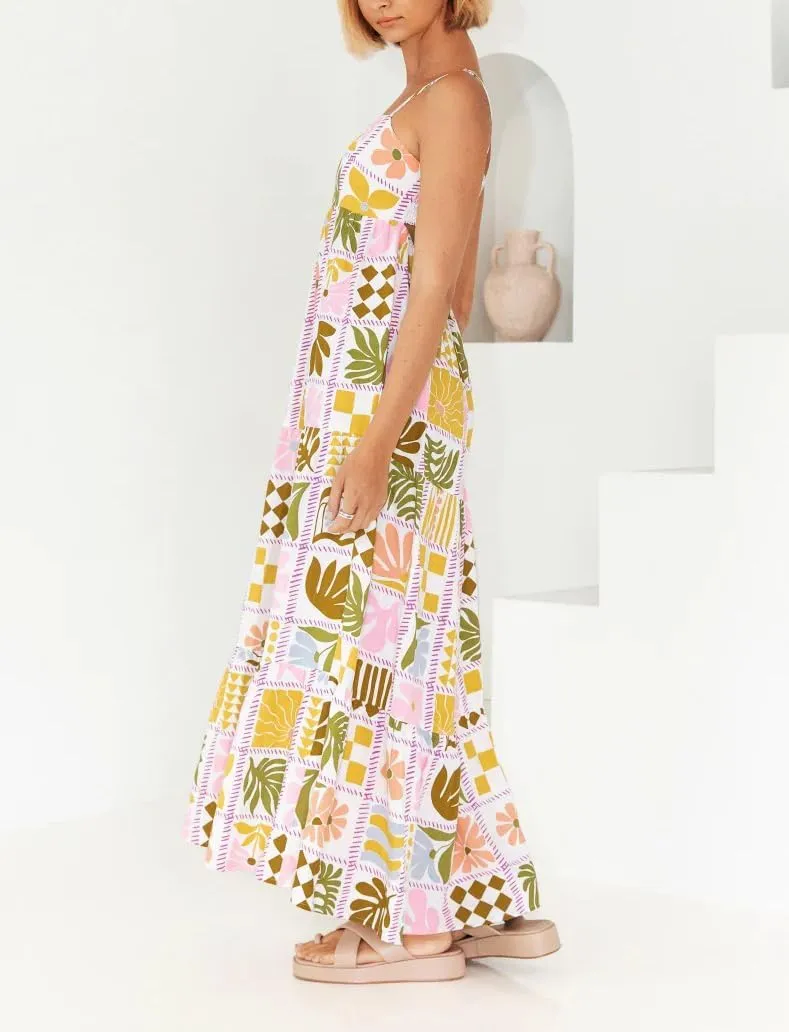Spring Boho Spaghetti Strap Dress for Women 2024 Summer Vacation Beach Long Dress Ric Rac Flowy Swing Maxi Sundress