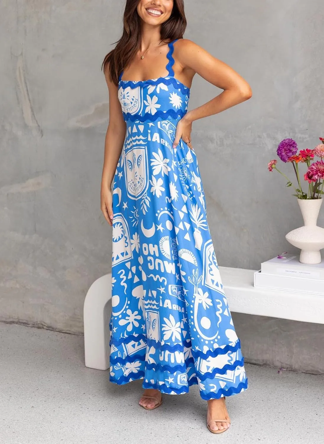 Spring Boho Spaghetti Strap Dress for Women 2024 Summer Vacation Beach Long Dress Ric Rac Flowy Swing Maxi Sundress